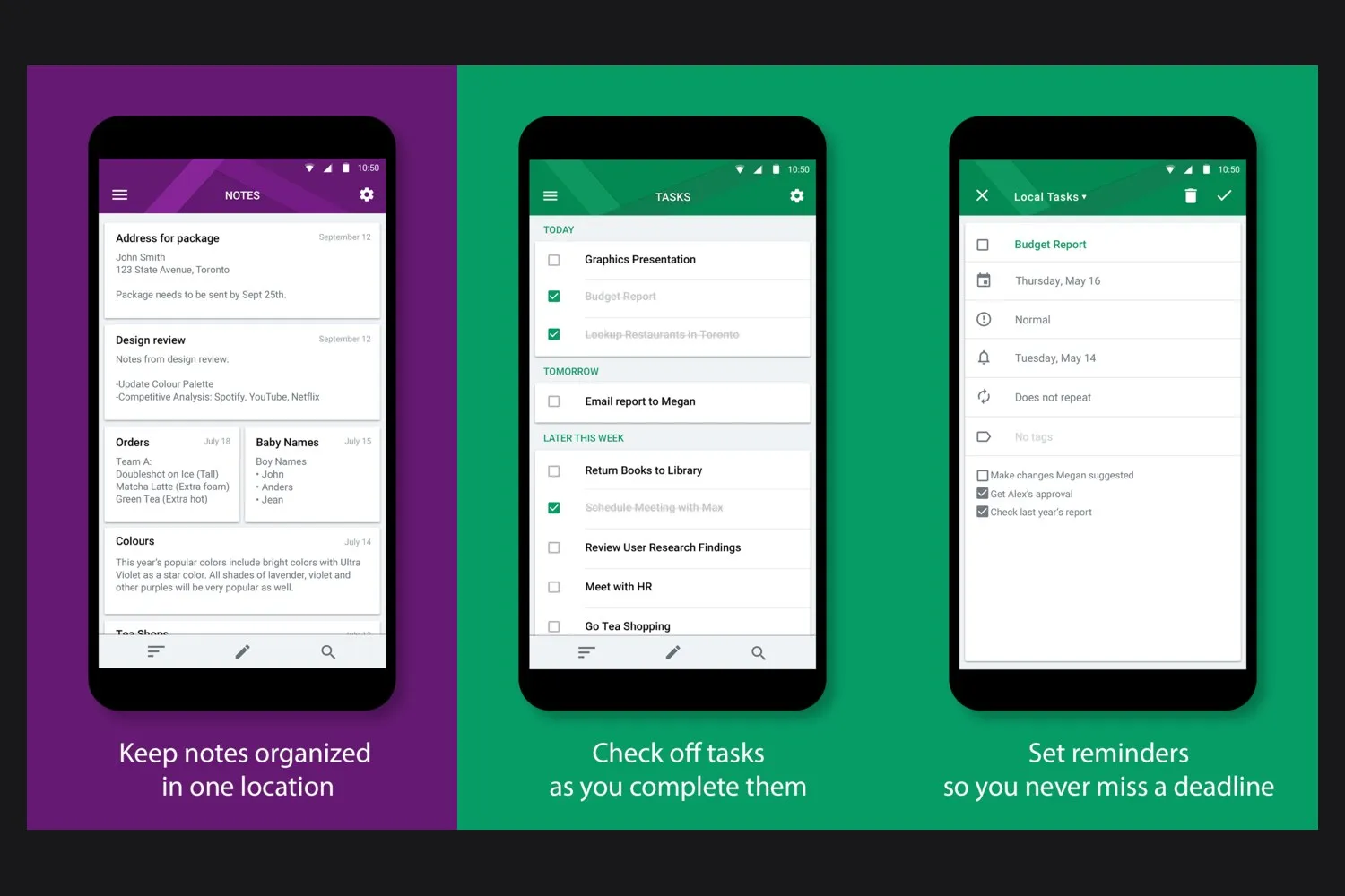 Three BlackBerry Hub+ screens from Google Play, showing a notes list, a task list being checked off, and a task with a reminder