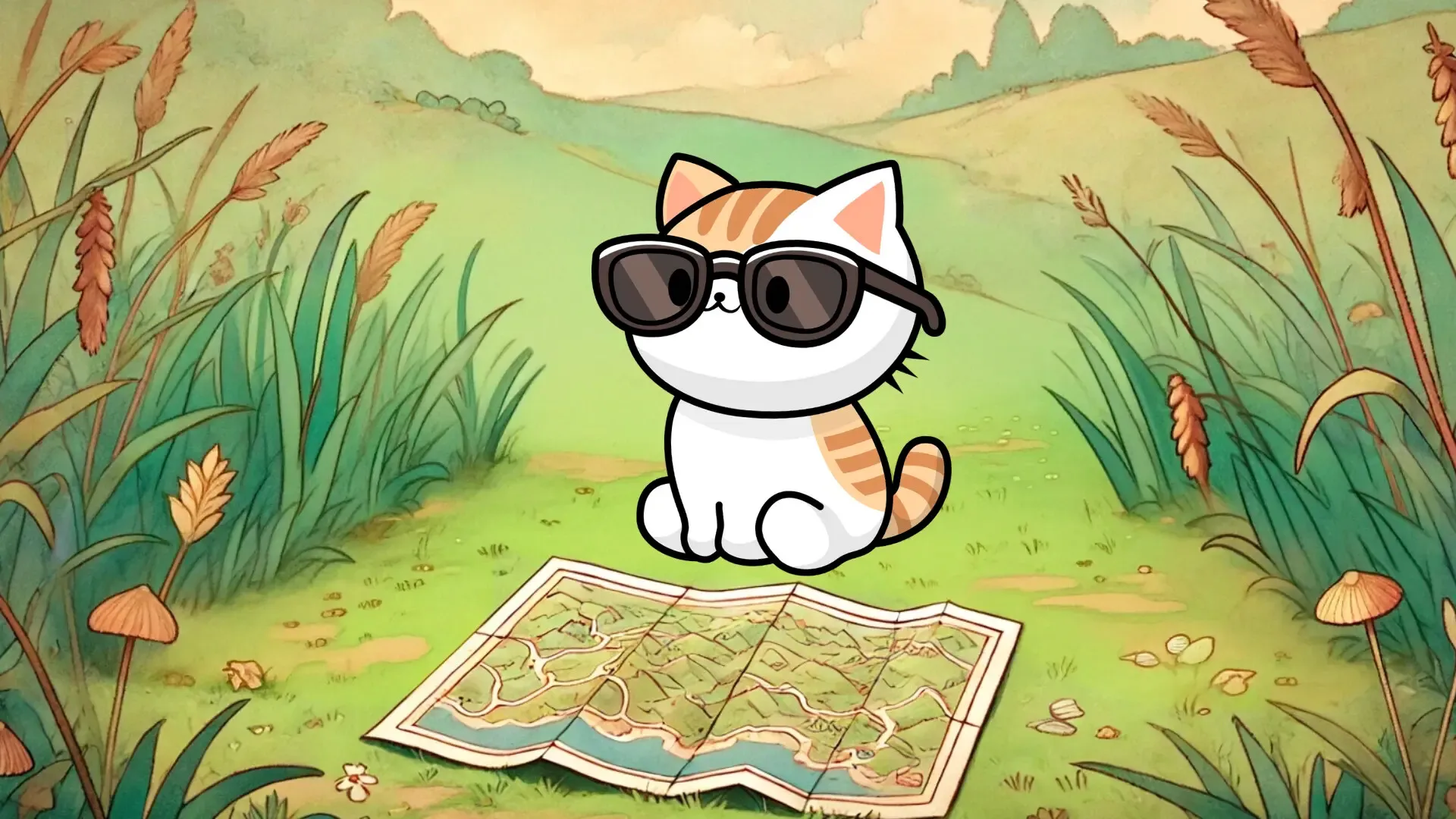 Zircuit’s illustrated cat mascot in sunglasses, sitting in a meadow beside a map