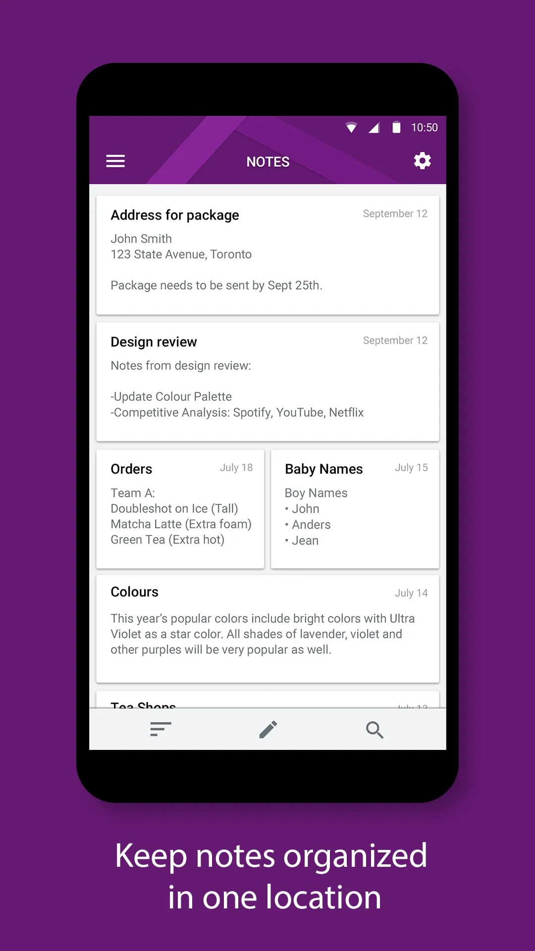 Notes list with cards for an address, a design review, orders and baby names, captioned keep notes organized in one location