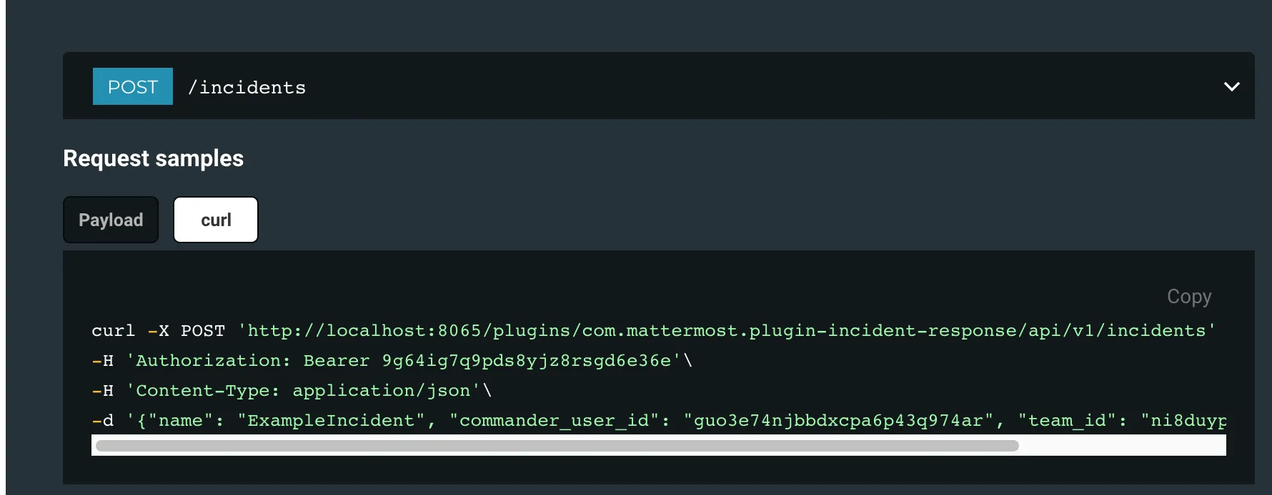 A curl request sample for creating an incident, from the OpenAPI docs