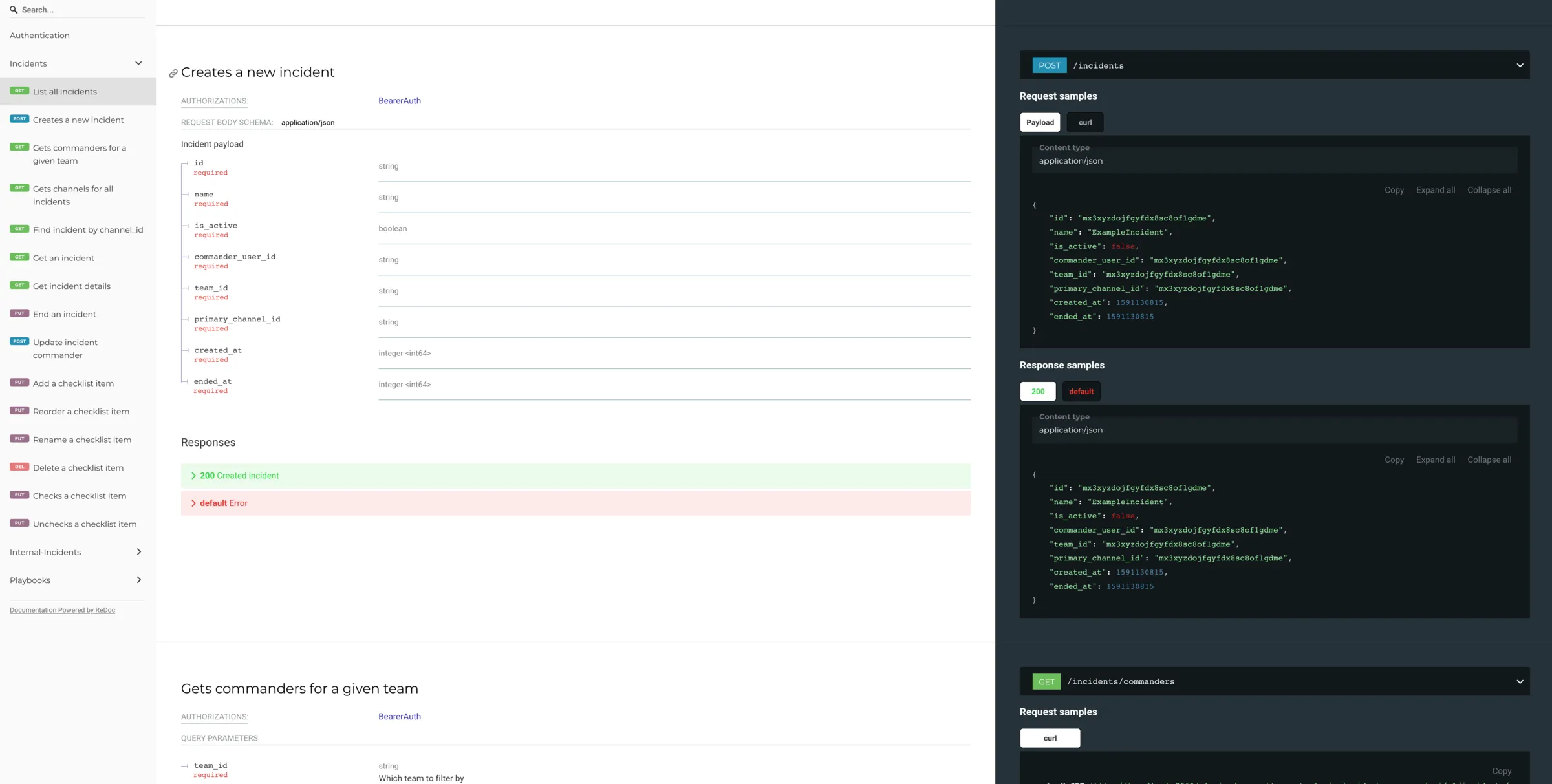The workflows REST API docs served with Redoc, listing endpoints beside request and response samples