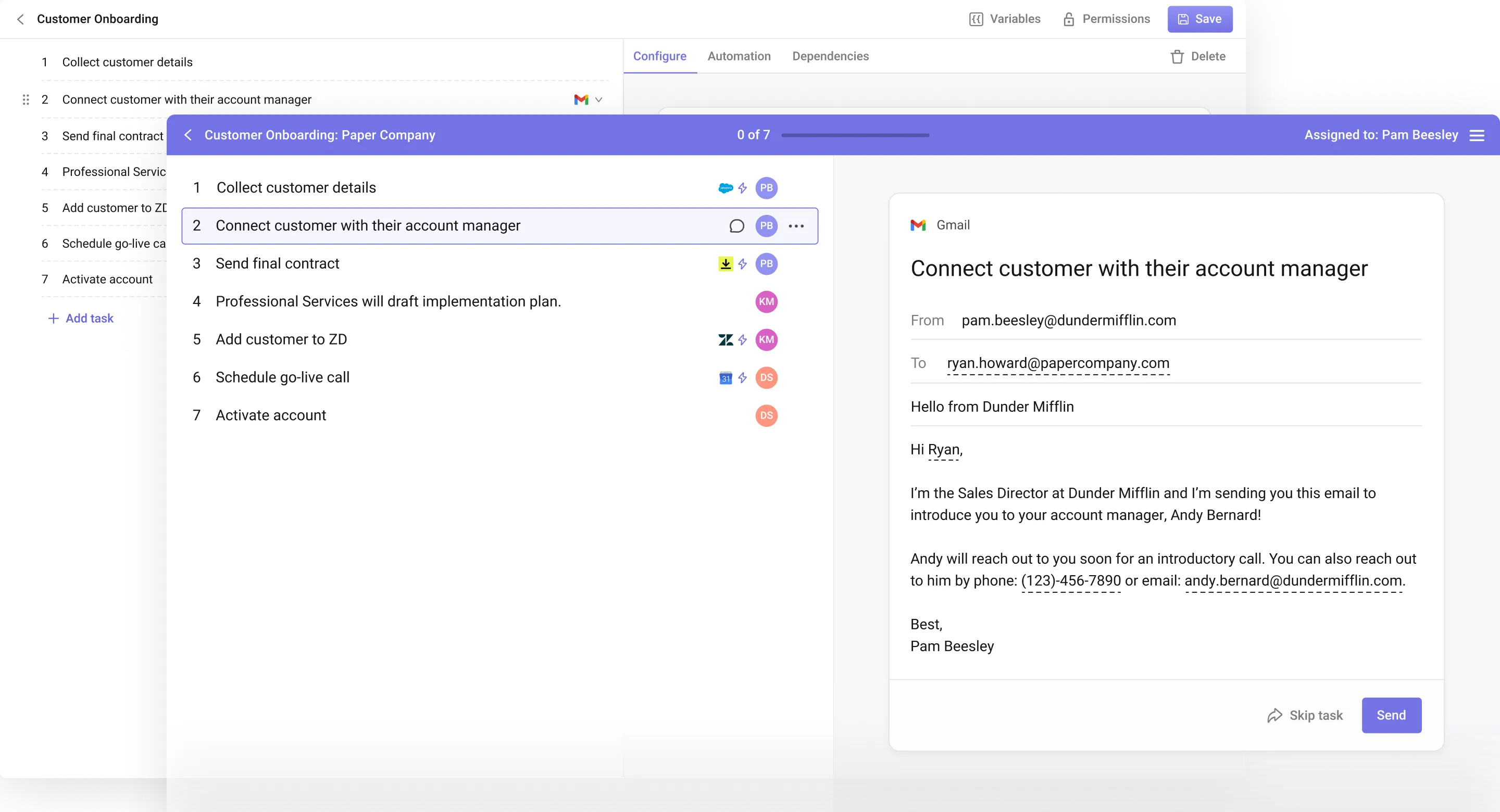 Macro’s process editor, showing a seven-step customer onboarding process with an email step open