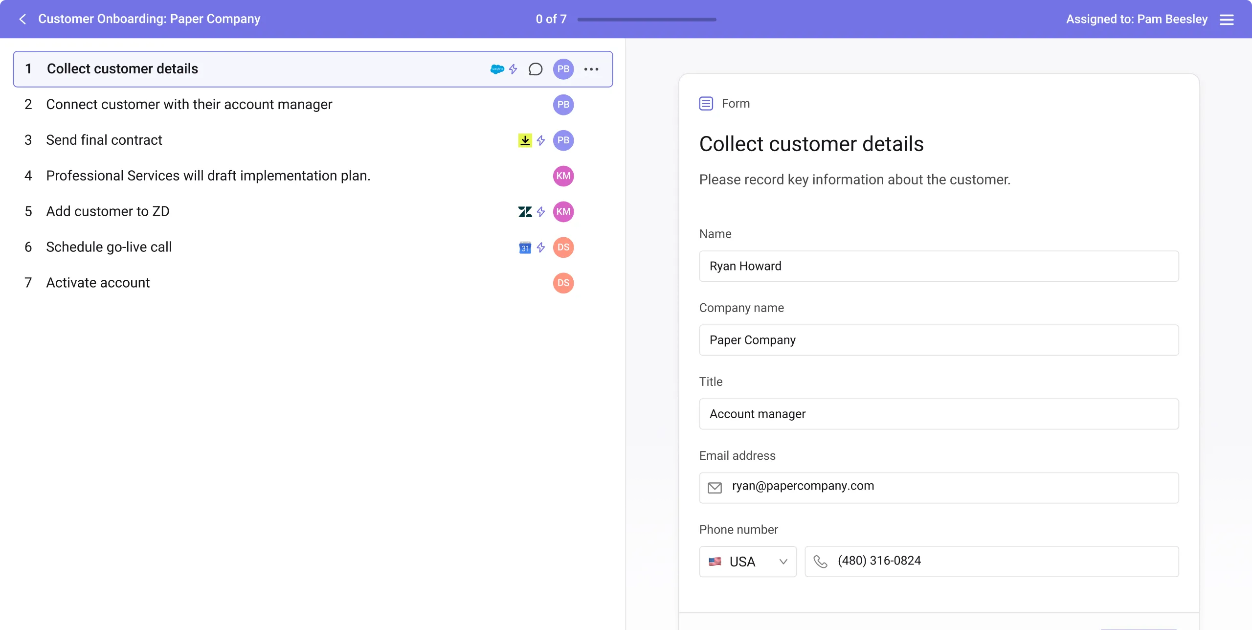 A customer onboarding process being run step by step, with a form to collect customer details