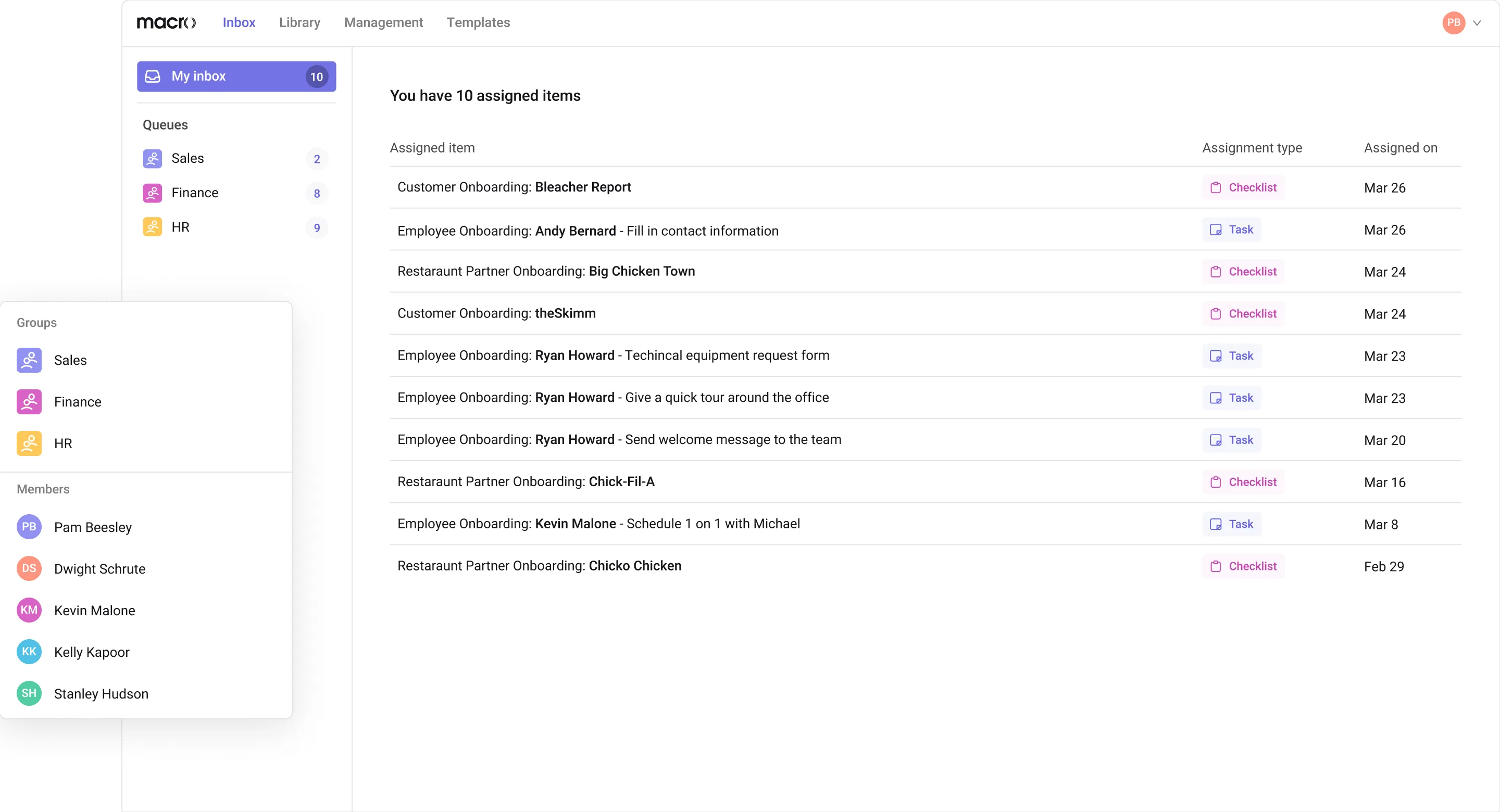 The task inbox, listing assigned steps across onboarding processes with their type and due dates