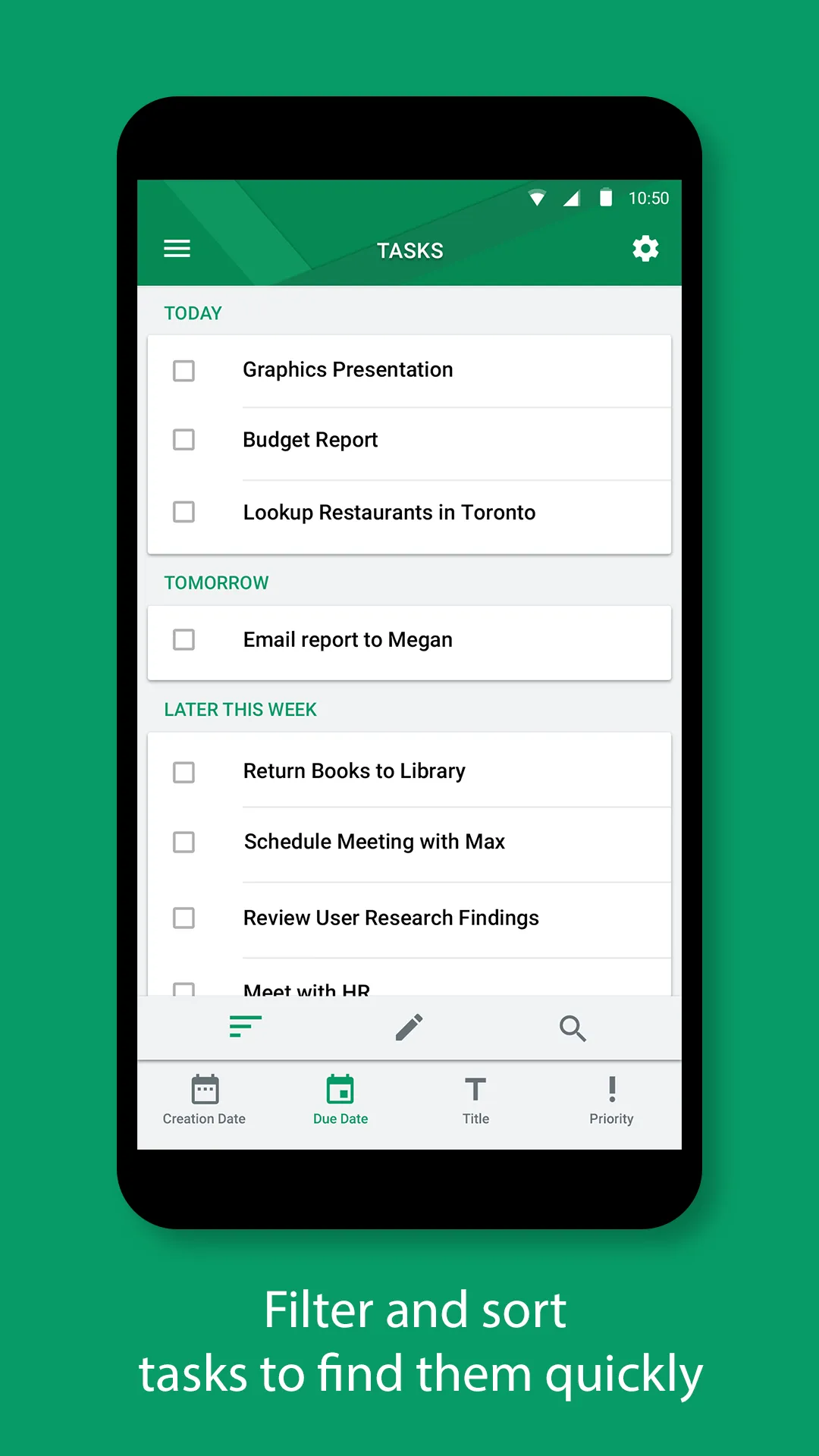 A task list with a sort bar, captioned filter and sort tasks to find them quickly