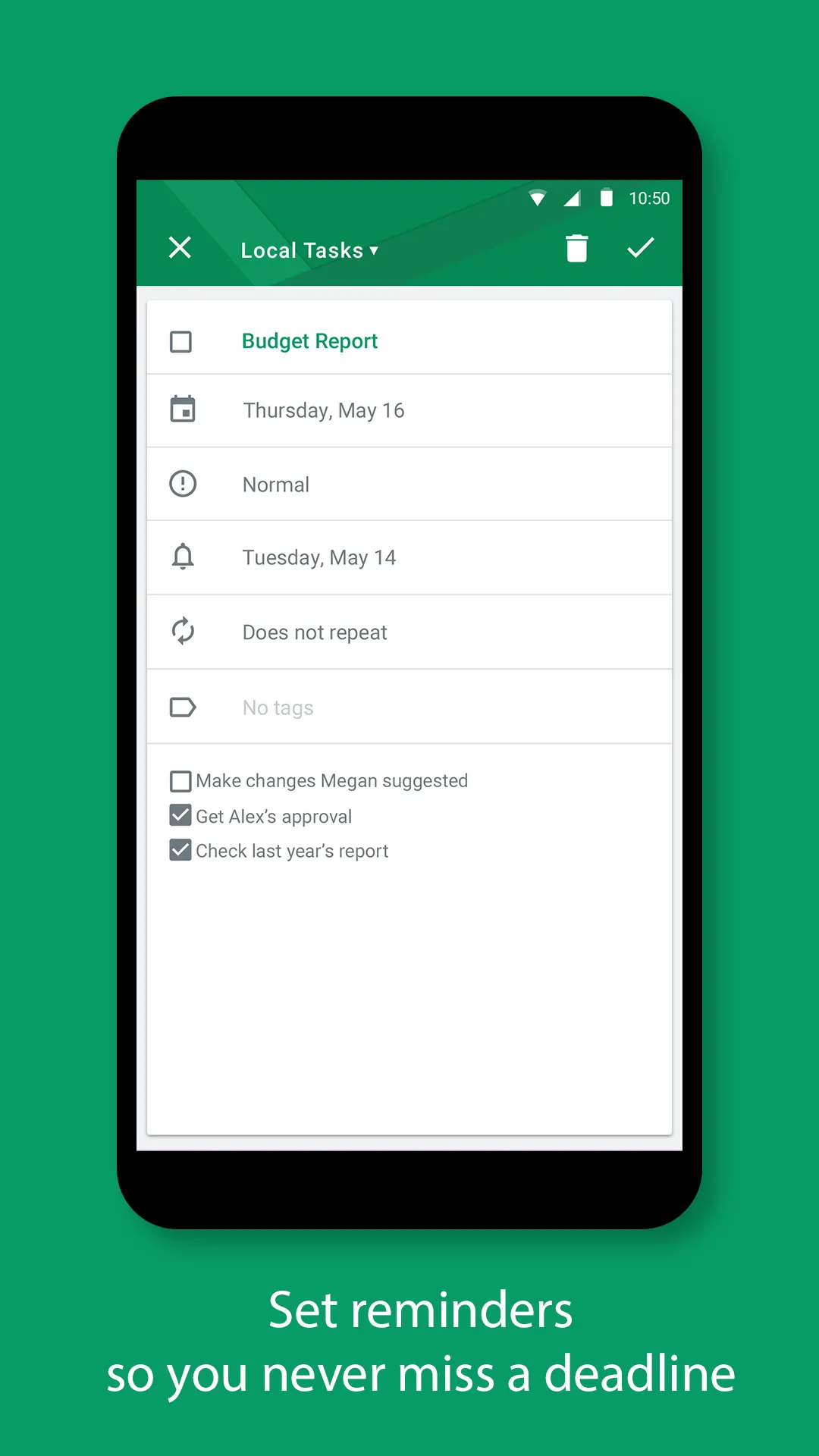 A task with a due date and a reminder set, captioned set reminders so you never miss a deadline